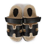 Hermes Chypre Techno Sandals Black and Ecru Shearling Palladium Hardware 37