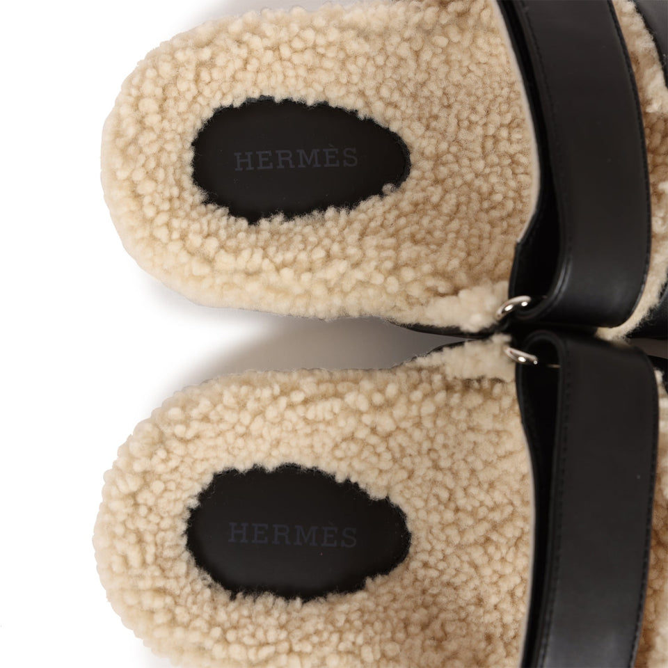 Hermes Chypre Techno Sandals Black and Ecru Shearling Palladium Hardware 37