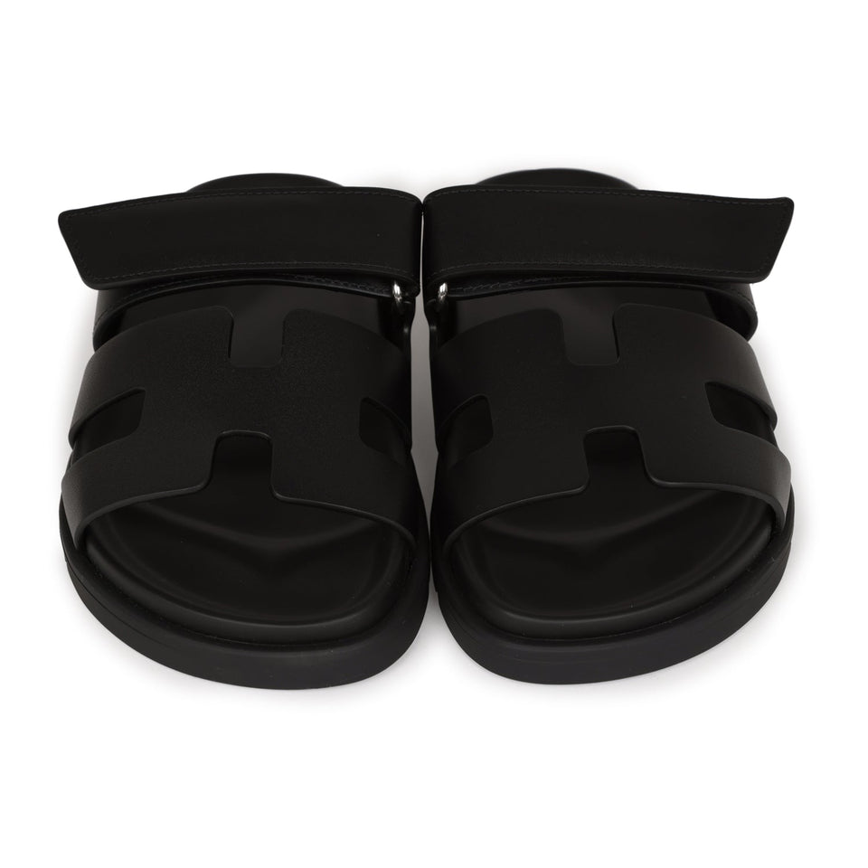 Hermes Chypre Sandals Black Calfskin Palladium Hardware 34.5