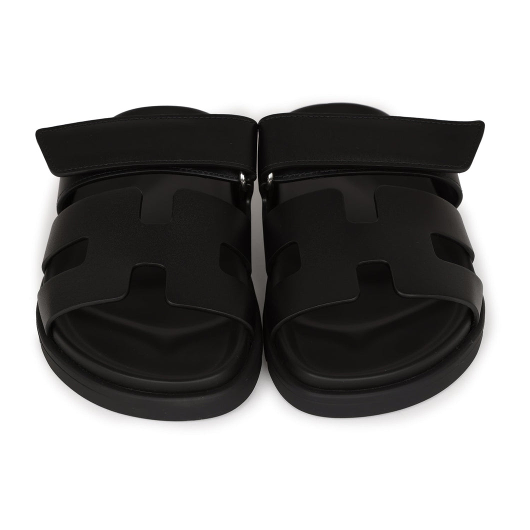 Hermes Chypre Sandals Black Calfskin Palladium Hardware 34.5