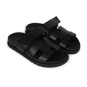 Hermes Chypre Sandals Black Calfskin Palladium Hardware 34.5