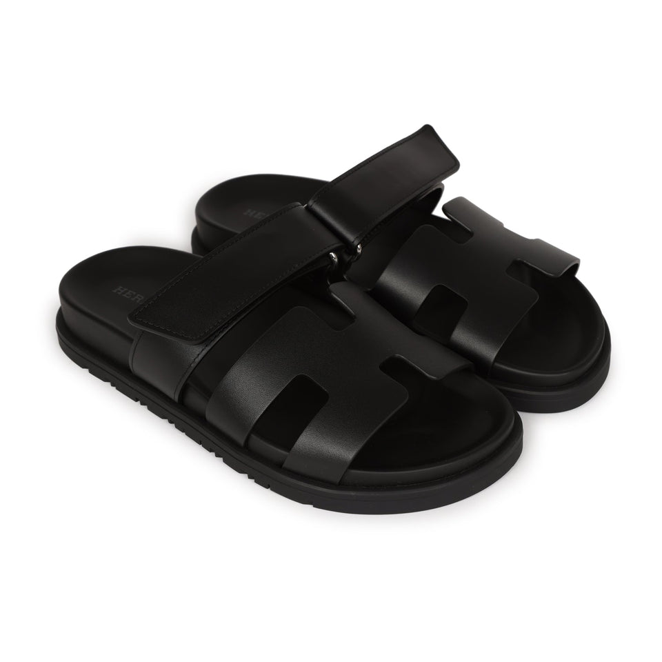 Hermes Chypre Sandals Black Calfskin Palladium Hardware 34.5