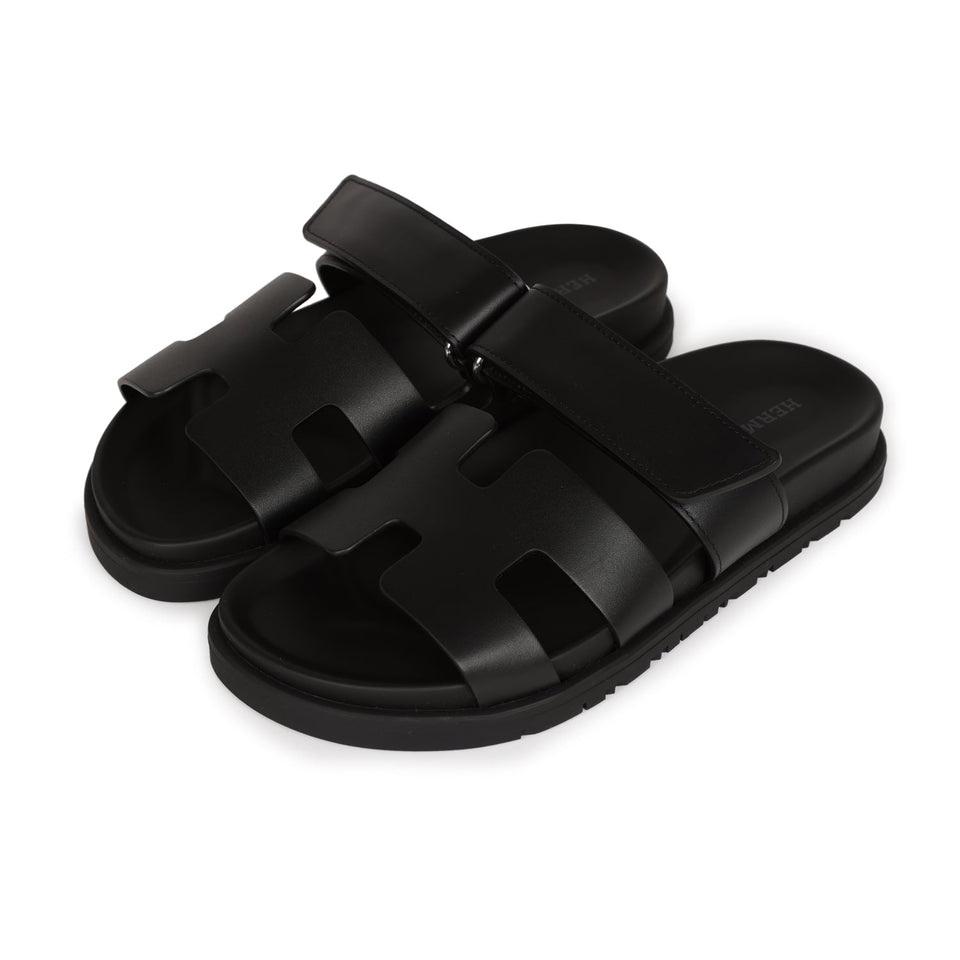 Hermes Chypre Sandals Black Calfskin Palladium Hardware 34.5