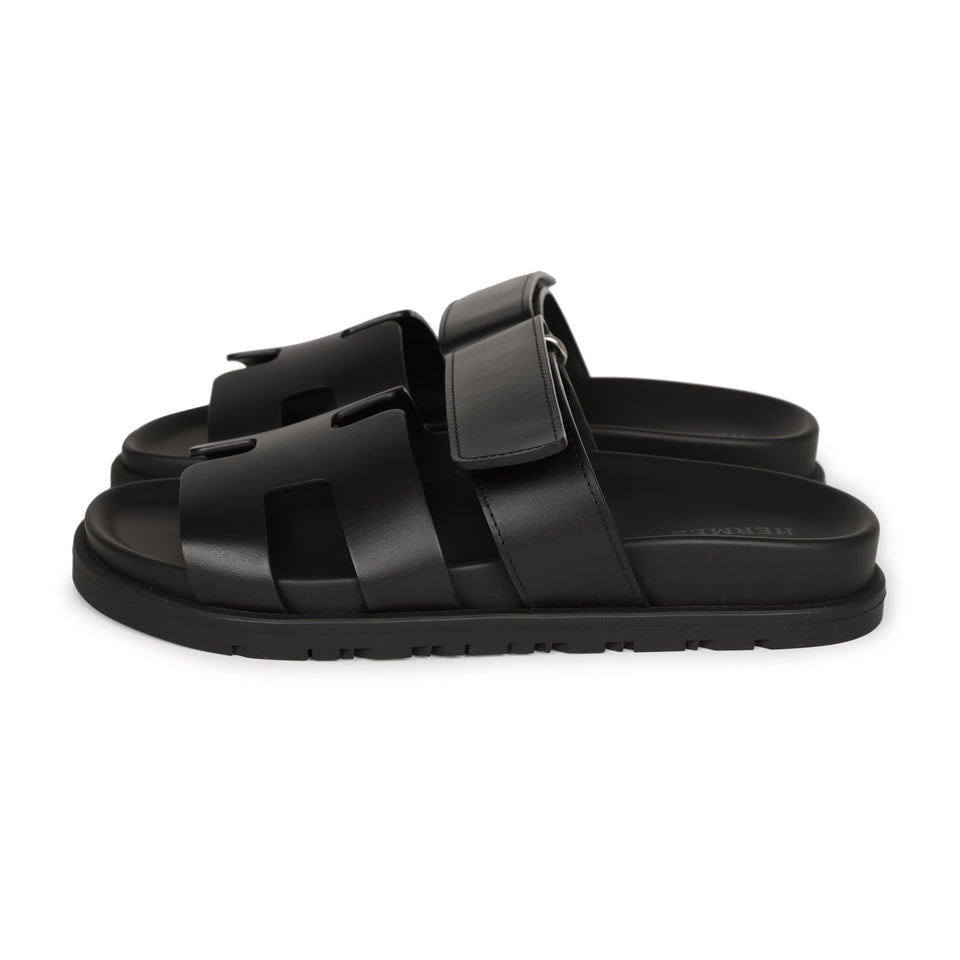 Hermes Chypre Sandals Black Calfskin Palladium Hardware 34.5