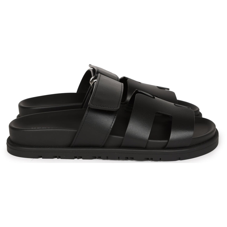 Hermes Chypre Sandals Black Calfskin Palladium Hardware 34.5