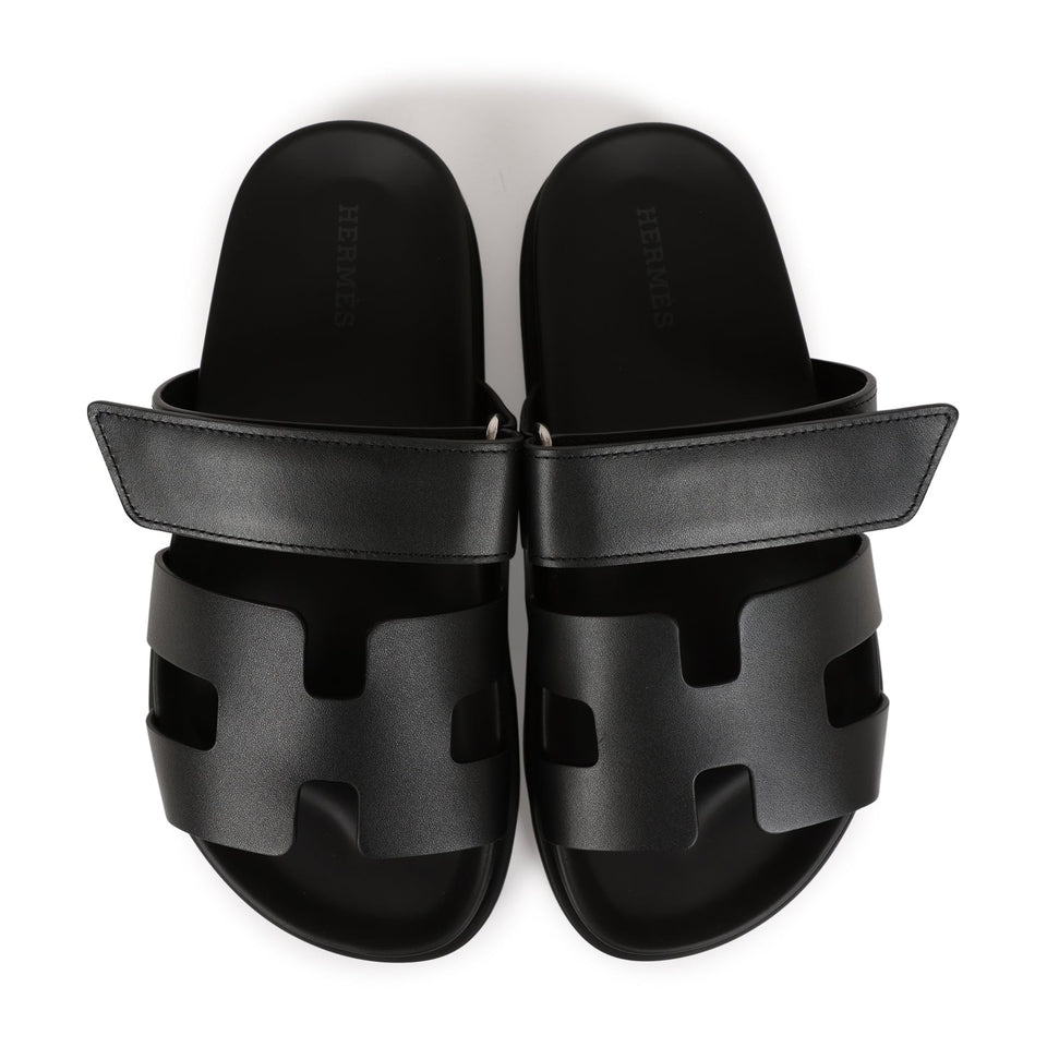 Hermes Chypre Sandals Black Calfskin Palladium Hardware 34.5