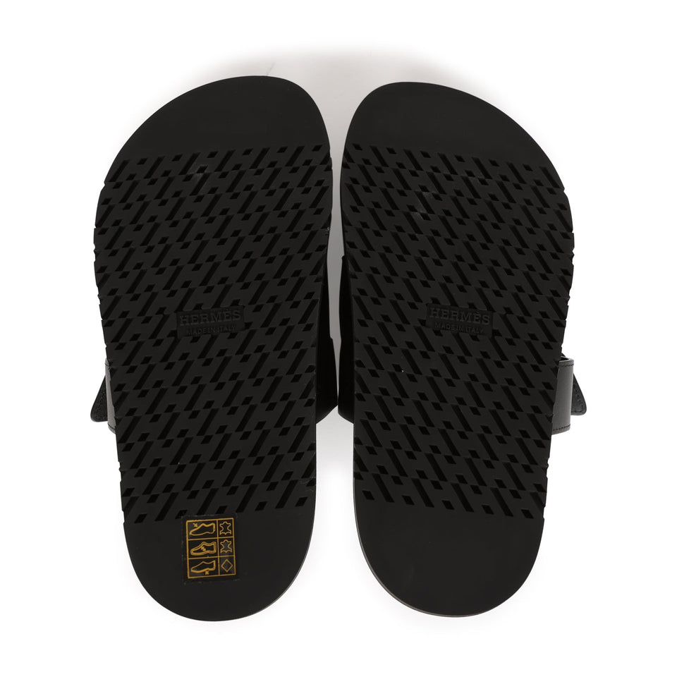 Hermes Chypre Sandals Black Calfskin Palladium Hardware 34.5