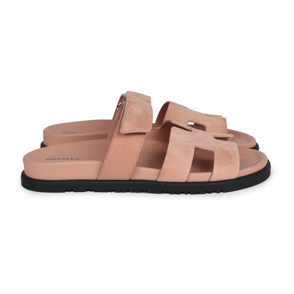 Hermes Chypre Techno Sandal Nude Suede Palladium Hardware 38 EU