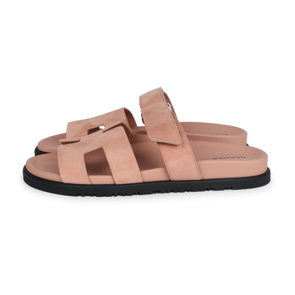 Hermes Chypre Techno Sandal Nude Suede Palladium Hardware 38 EU