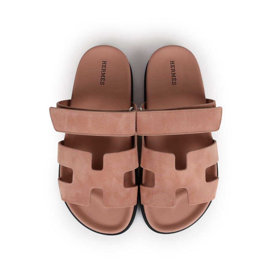 Hermes Chypre Techno Sandal Nude Suede Palladium Hardware 38 EU