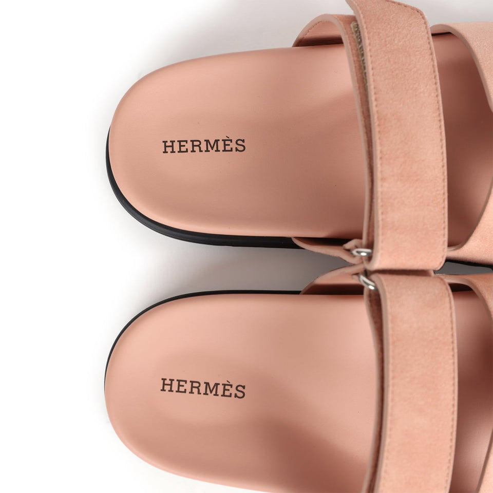 Hermes Chypre Techno Sandal Nude Suede Palladium Hardware 38 EU