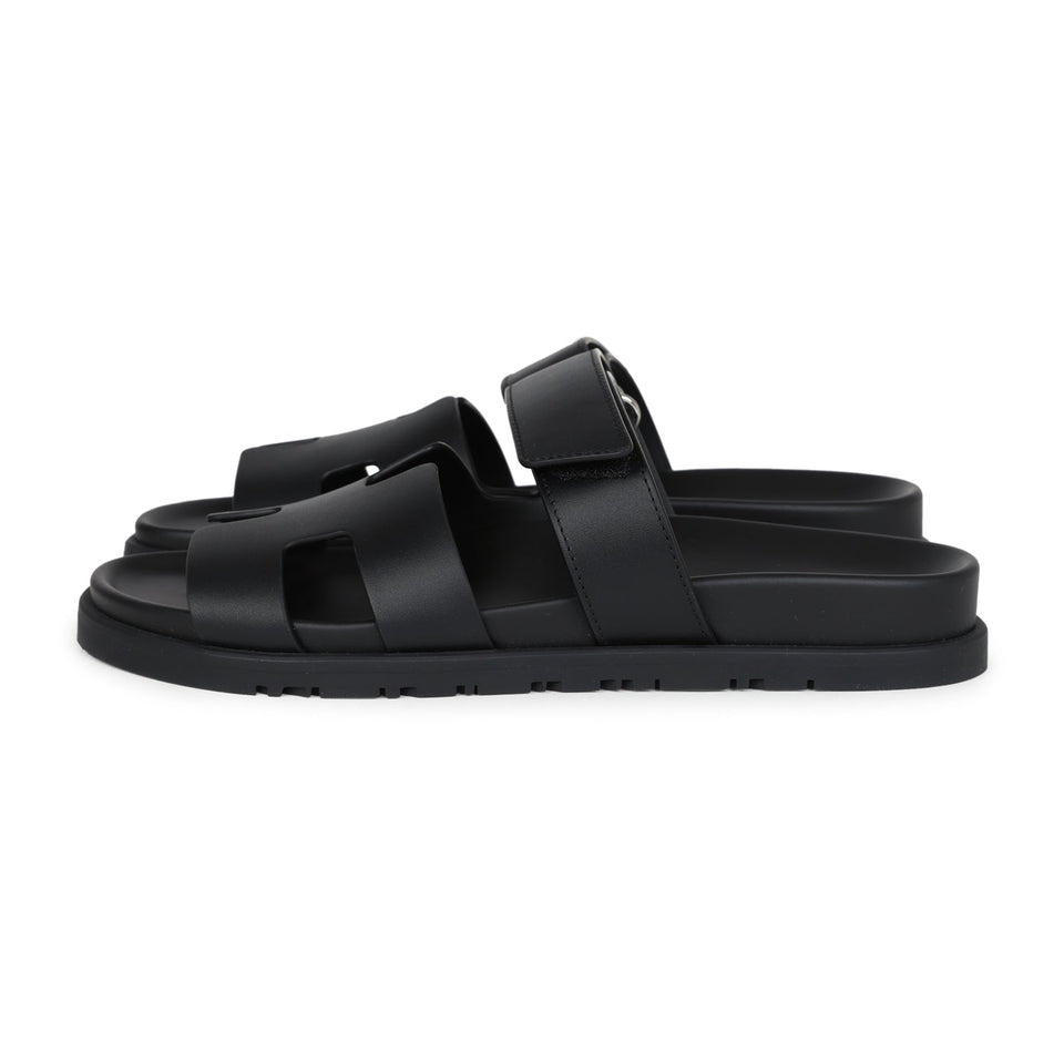 Hermes Chypre Techno Sandals Black Calfskin Palladium Hardware 38 EU