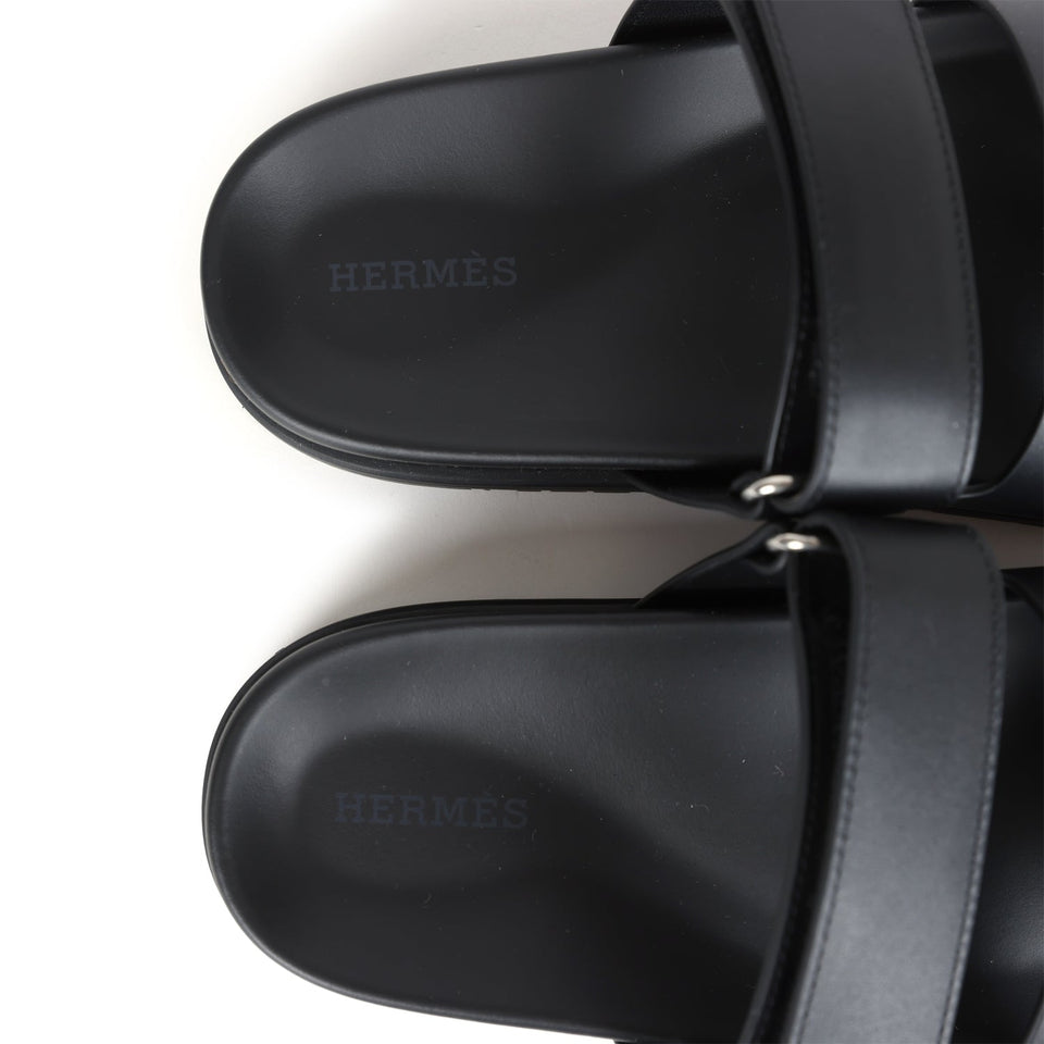 Hermes Chypre Techno Sandals Black Calfskin Palladium Hardware 38 EU