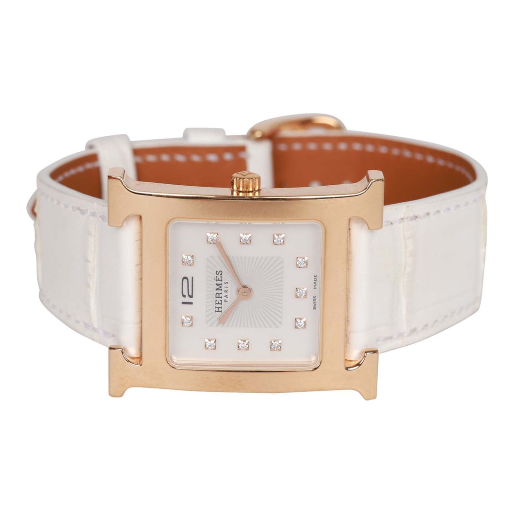 Hermes Small Heure H Watch Rose Gold White Matte Alligator Band