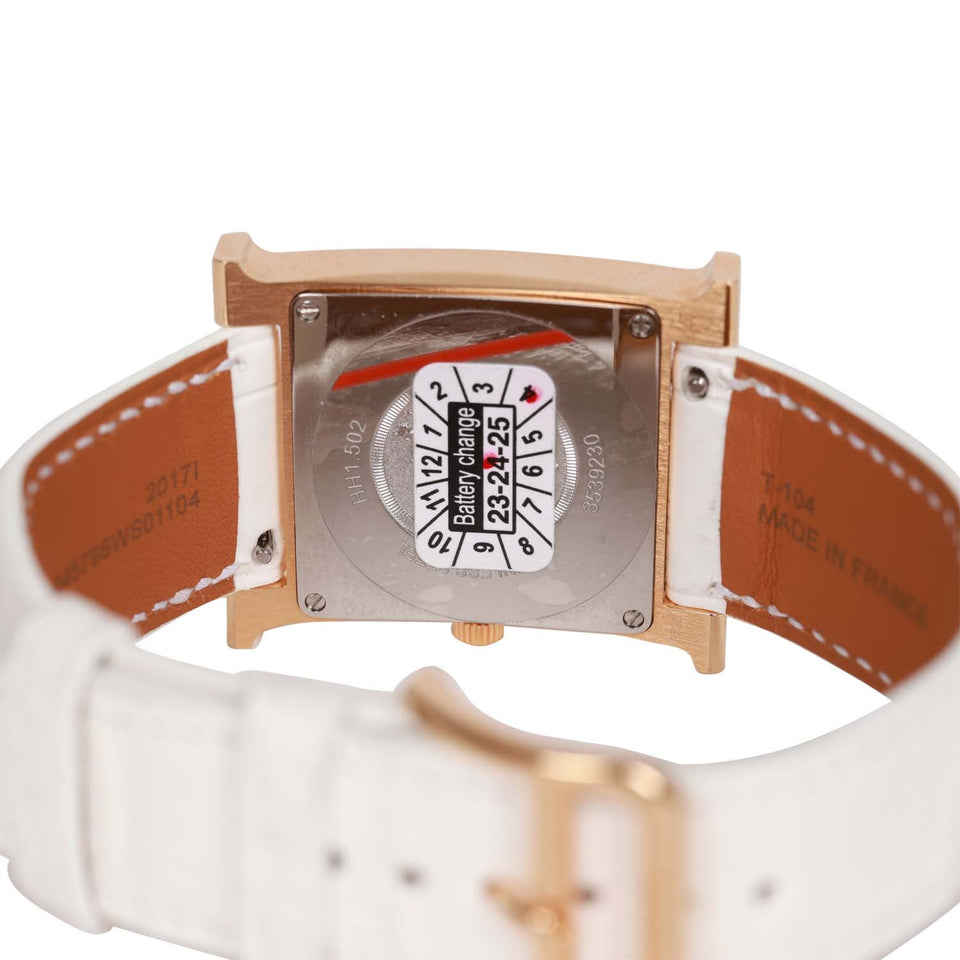 Hermes Small Heure H Watch Rose Gold White Matte Alligator Band