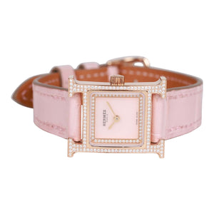 Hermes Rose Pale and Rose Opal Matte Alligator Heure H XS Diamond Watch