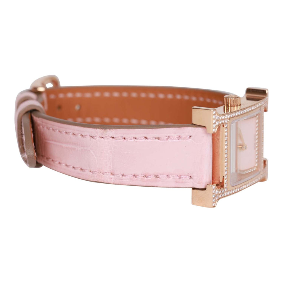 Hermes Rose Pale and Rose Opal Matte Alligator Heure H XS Diamond Watch