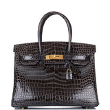 Hermes Birkin 30 Graphite Shiny Porosus Crocodile Gold Hardware