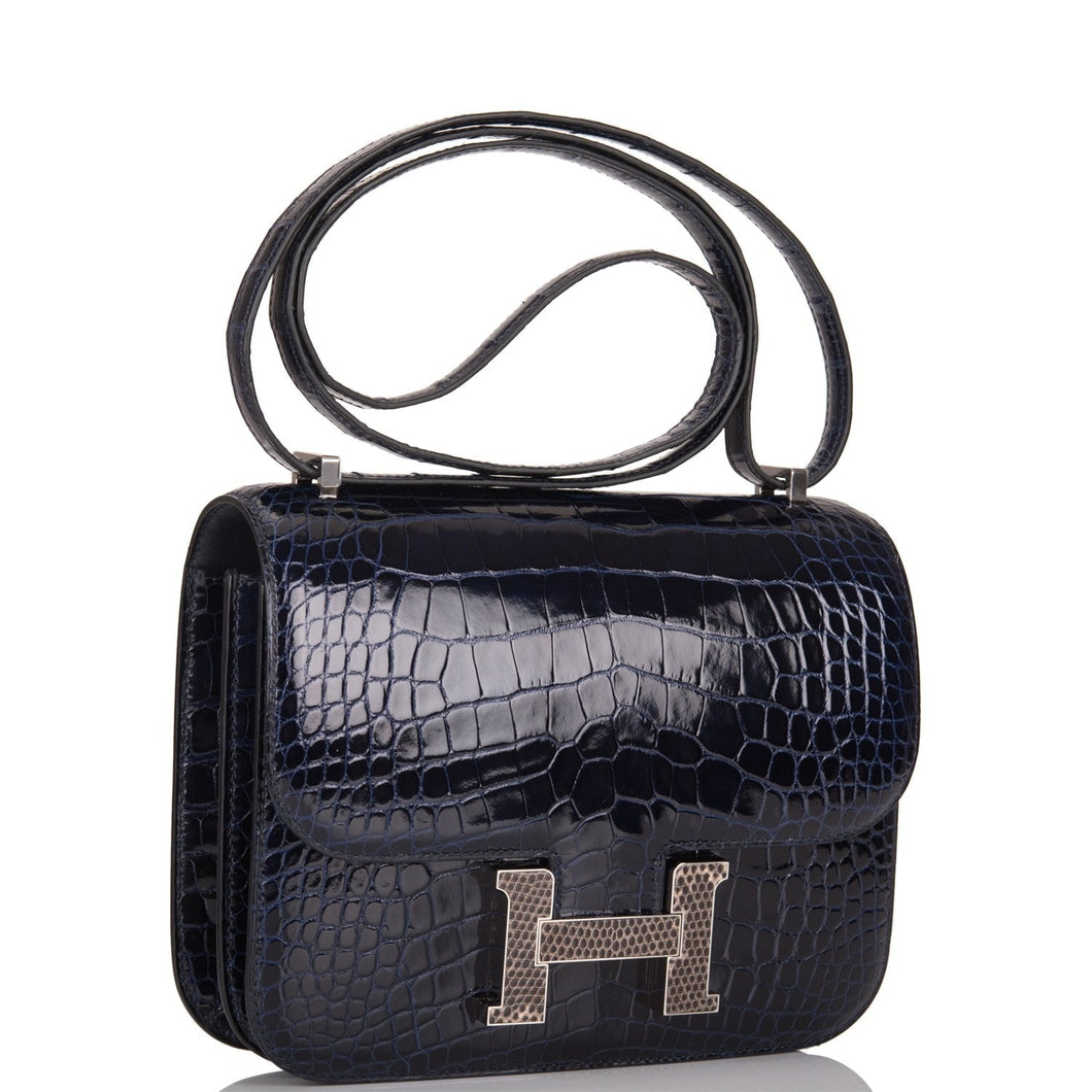 Hermes Bleu Marine Alligator and Ombre Lizard Marquette Constance 18cm Palladium Hardware