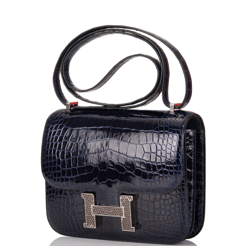 Hermes Bleu Marine Alligator and Ombre Lizard Marquette Constance 18cm Palladium Hardware