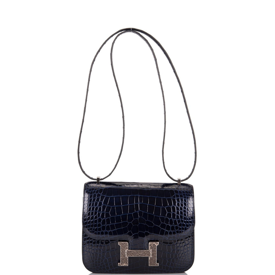 Hermes Bleu Marine Alligator and Ombre Lizard Marquette Constance 18cm Palladium Hardware