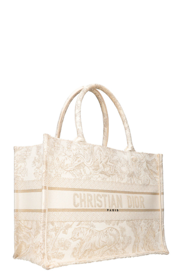 CHRISTIAN DIOR Medium Book Tote Toile de Jouy Embroidery Gold & White