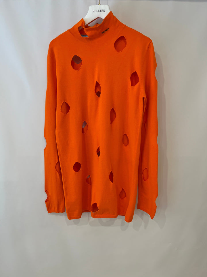 Prada Orange Wool Knit Cut-Out Jumper with Black Logo Detail Size IT 48 (UK 16)