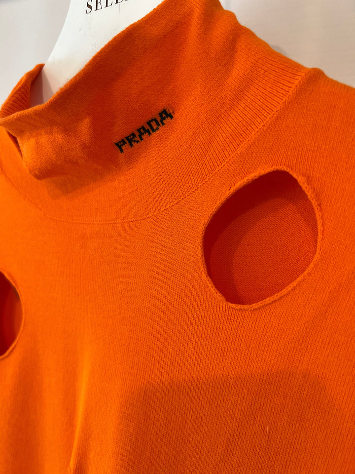 Prada Orange Wool Knit Cut-Out Jumper with Black Logo Detail Size IT 48 (UK 16)