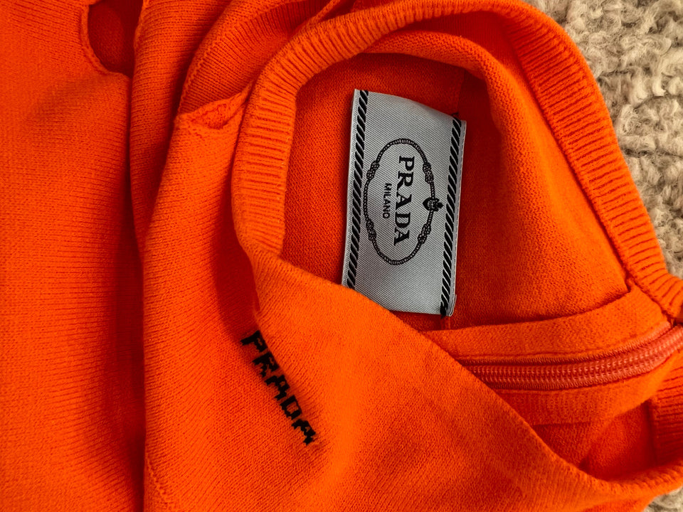 Prada Orange Wool Knit Cut-Out Jumper with Black Logo Detail Size IT 48 (UK 16)