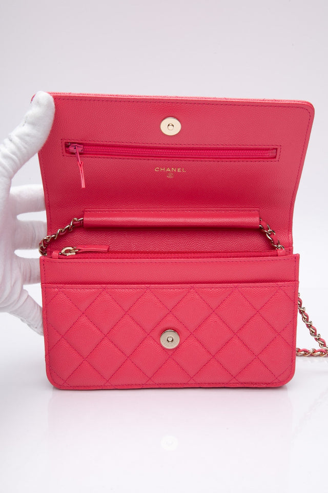 CHANEL Hot Pink Caviar Quilted French New Wave Chain CC Wallet On Chain WOC
