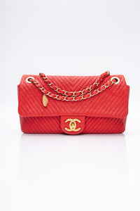 CHANEL Red Medallion Charm Chevron Wrinkled Calfskin Medium Flap Bag