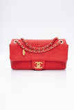 CHANEL Red Medallion Charm Chevron Wrinkled Calfskin Medium Flap Bag