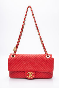 CHANEL Red Medallion Charm Chevron Wrinkled Calfskin Medium Flap Bag