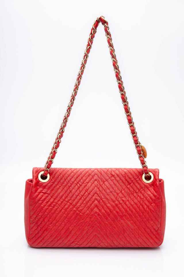 CHANEL Red Medallion Charm Chevron Wrinkled Calfskin Medium Flap Bag