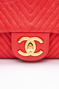 CHANEL Red Medallion Charm Chevron Wrinkled Calfskin Medium Flap Bag