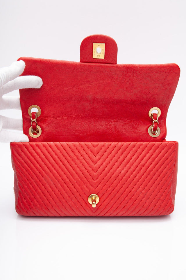CHANEL Red Medallion Charm Chevron Wrinkled Calfskin Medium Flap Bag