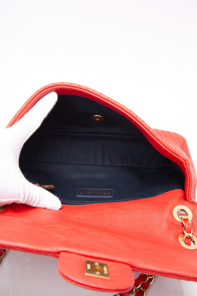 CHANEL Red Medallion Charm Chevron Wrinkled Calfskin Medium Flap Bag