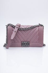 CHANEL Dark Pink Metallic Caviar Chevron Quilted Medium Boy Flap bag