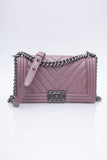 CHANEL Dark Pink Metallic Caviar Chevron Quilted Medium Boy Flap bag
