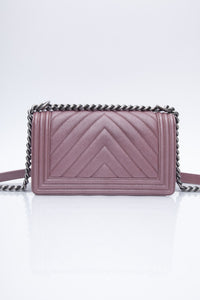 CHANEL Dark Pink Metallic Caviar Chevron Quilted Medium Boy Flap bag