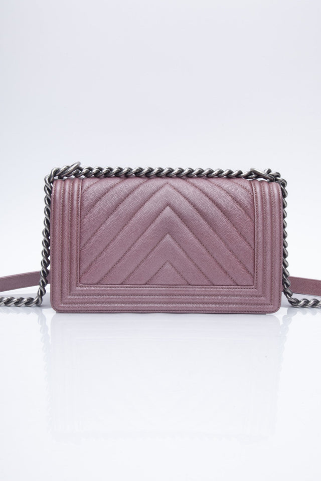 CHANEL Dark Pink Metallic Caviar Chevron Quilted Medium Boy Flap bag