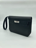 Hermes Kelly Depeches 25 Noir Veau Evergrain Clutch Palladium Hardware