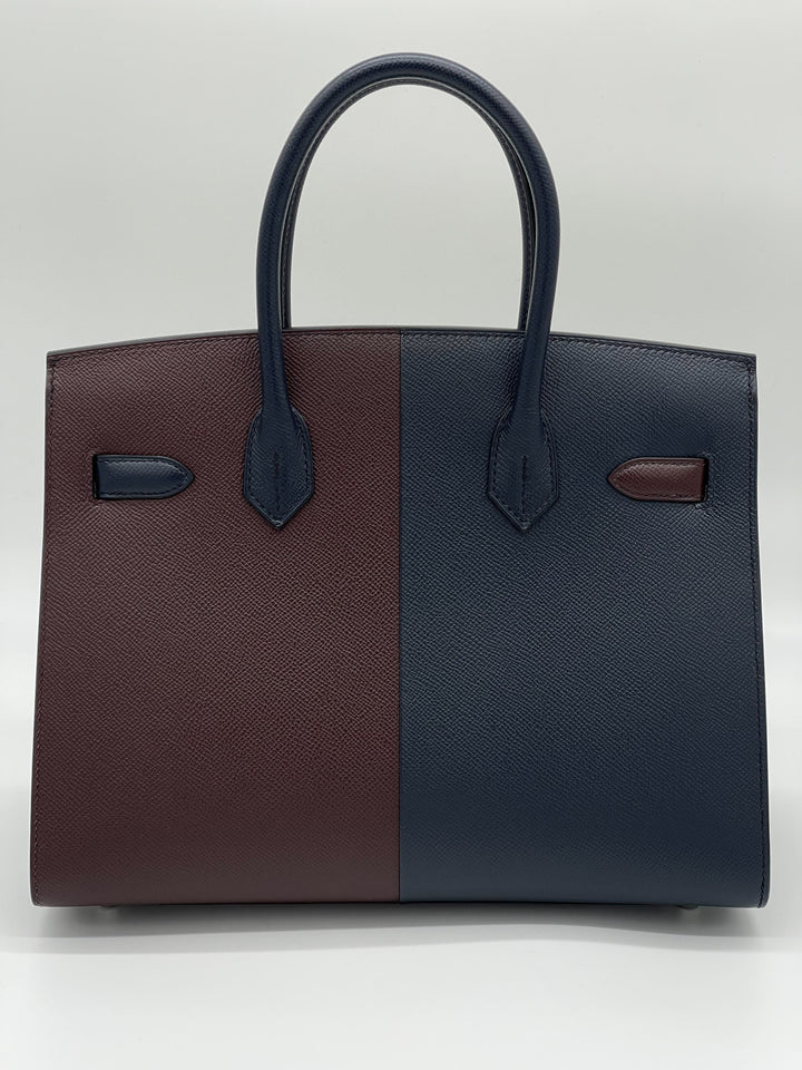 Hermes Birkin 30 Casaque Rouge Sellier / Bleu Indigo / Rose Texas Epsom