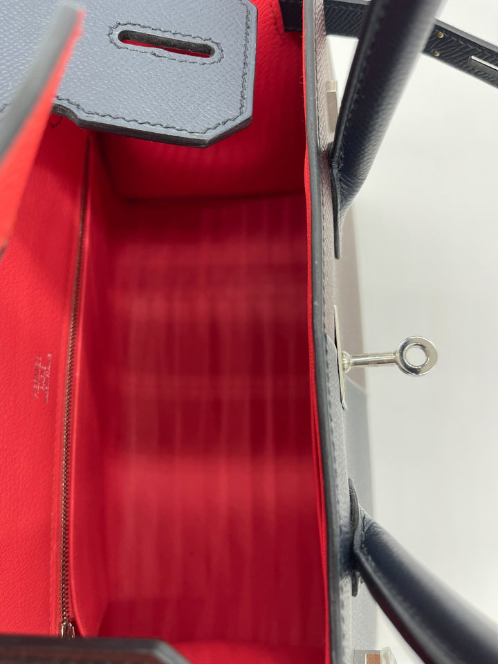 Hermes Birkin 30 Casaque Rouge Sellier / Bleu Indigo / Rose Texas Epsom