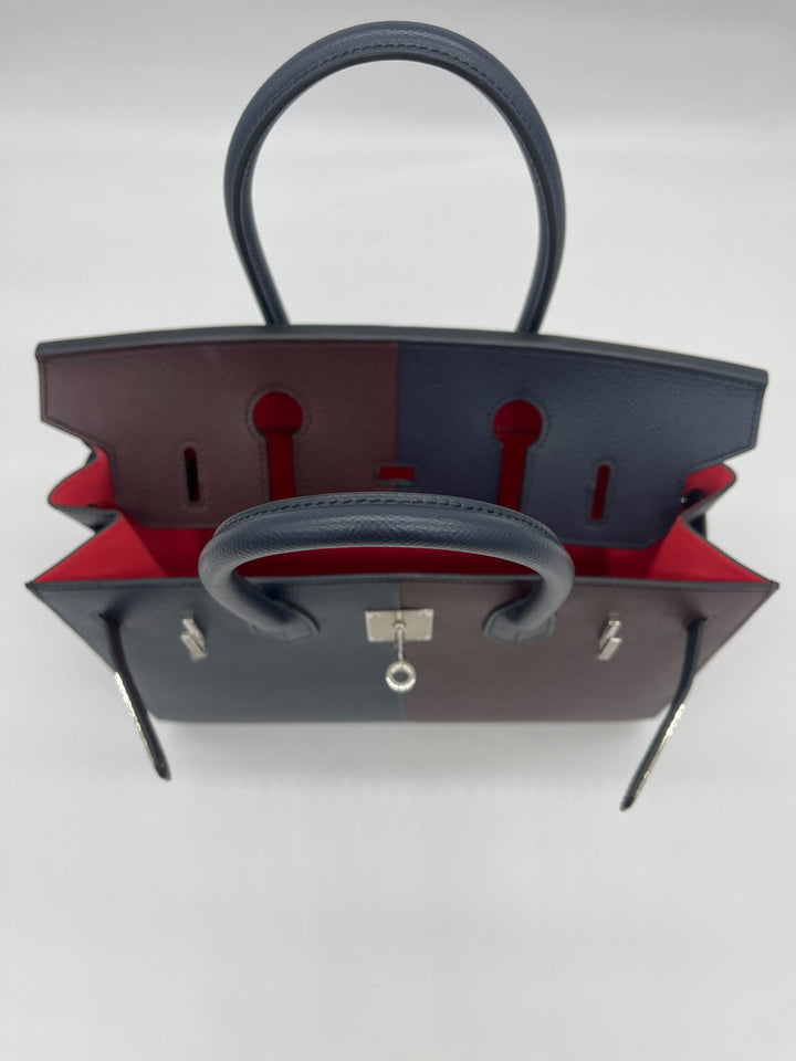 Hermes Birkin 30 Casaque Rouge Sellier / Bleu Indigo / Rose Texas Epsom