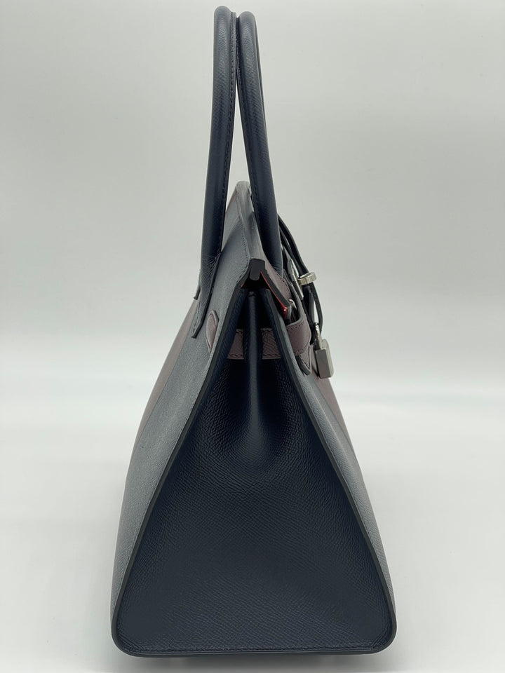 Hermes Birkin 30 Casaque Rouge Sellier / Bleu Indigo / Rose Texas Epsom