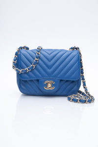 CHANEL Chevron Lambskin Blue Leather Square Mini Flap Bag