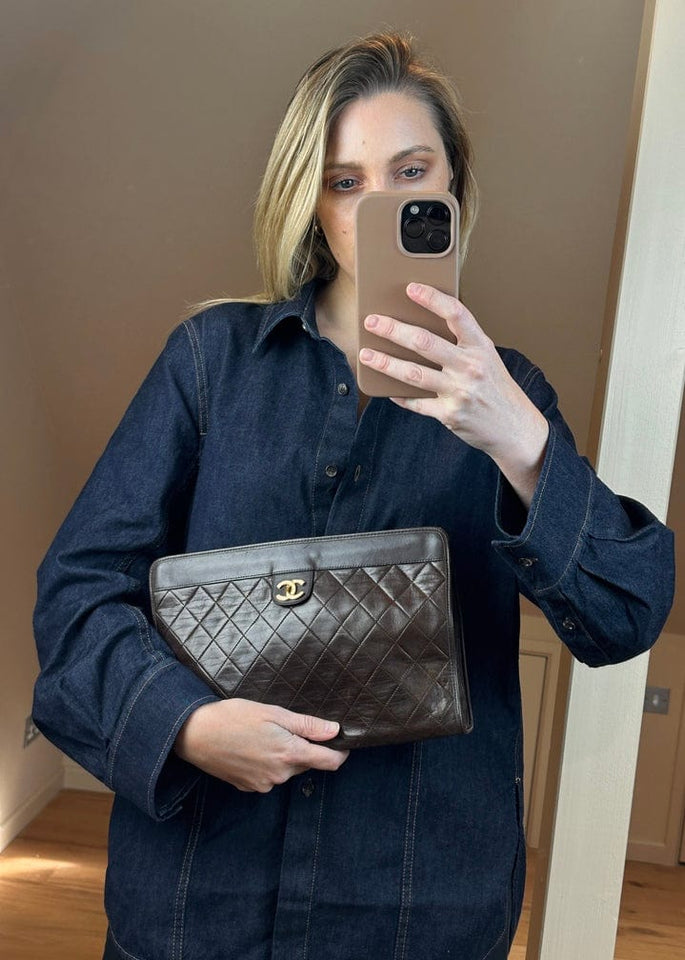 Vintage Chanel Brown Leather Clutch Bag With 24K Gold Plated Hardware
