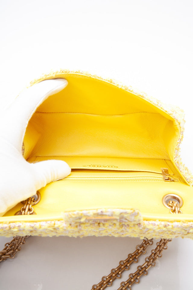 CHANEL Yellow Tweed Quilted 2.55 Reissue Mini Flap Bag