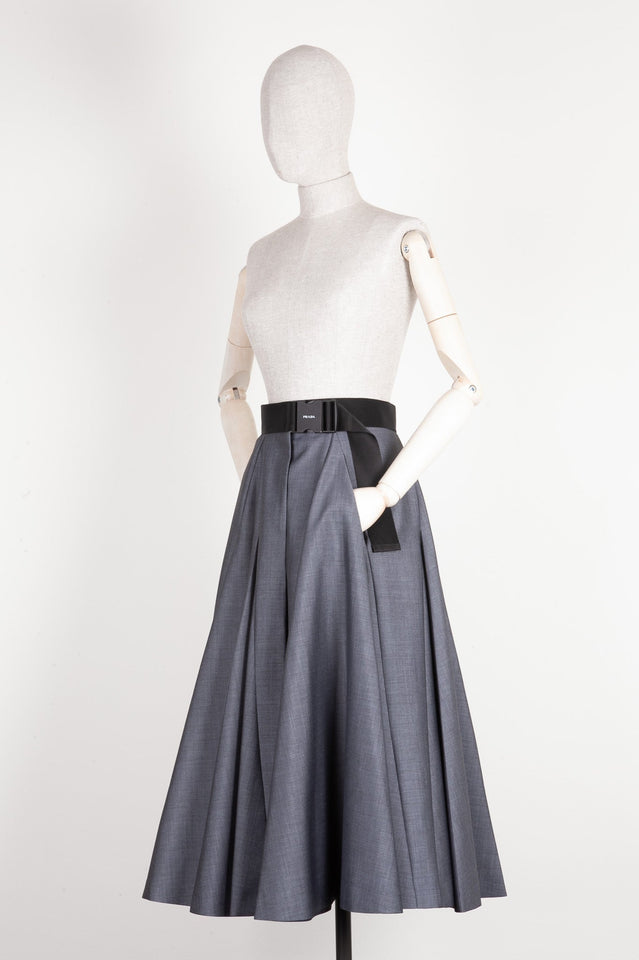PRADA Pleated Belted Skirt Gray